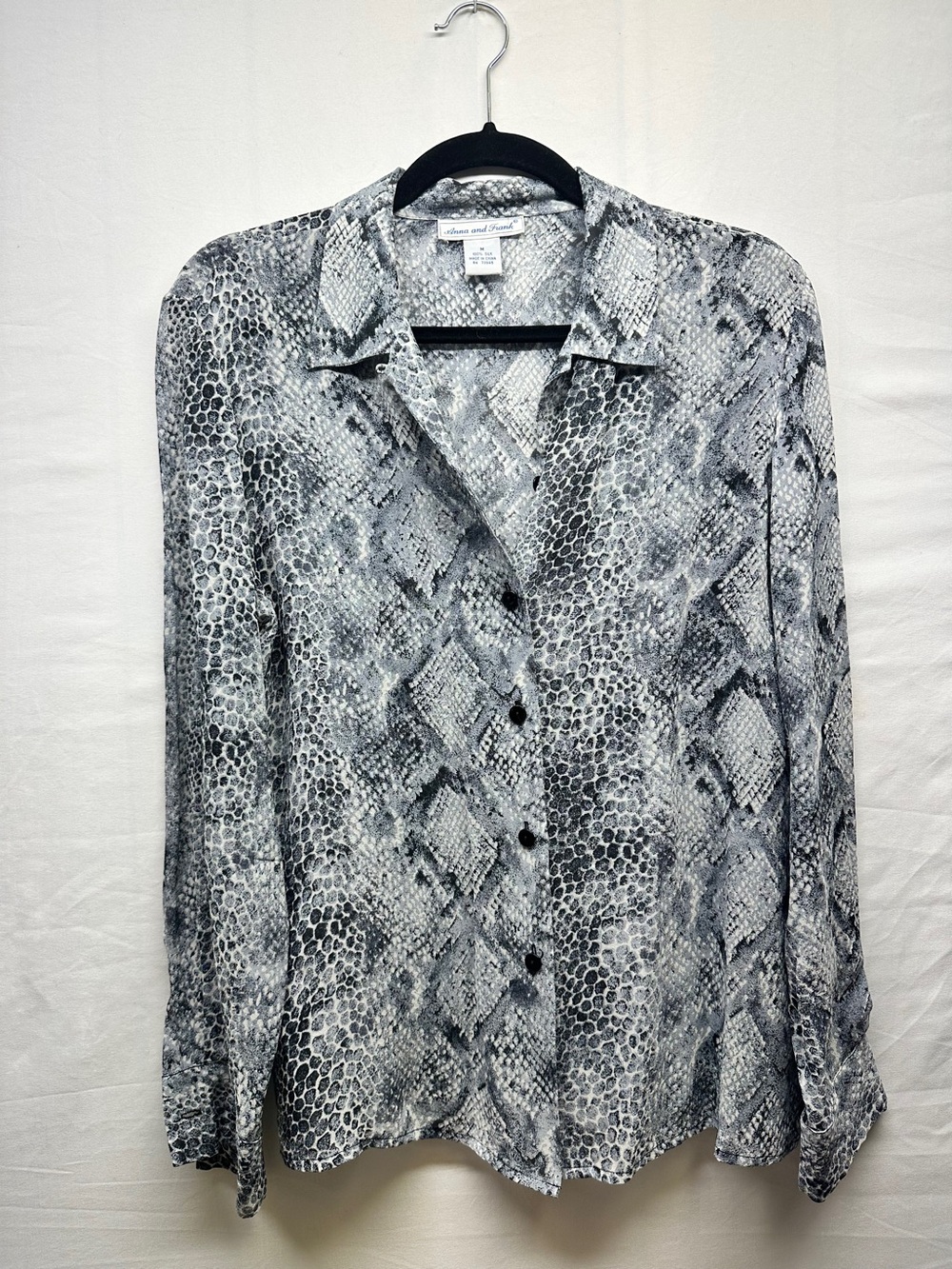 Gray 100% Silk Snake Print Button-Up Shirt